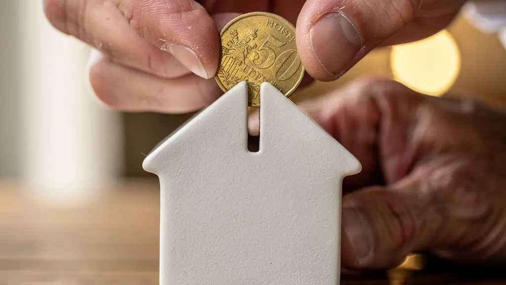 Manos depositando moneda en alcancía con forma de casa sobre mesa de madera