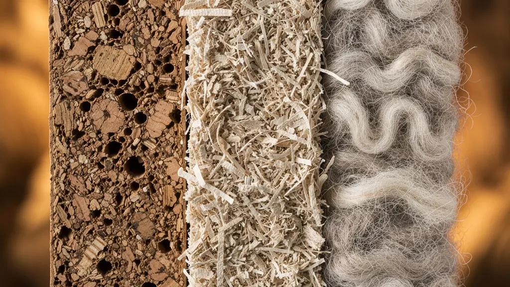 Sección transversal de pared mostrando capas de aislamiento natural con texturas visibles