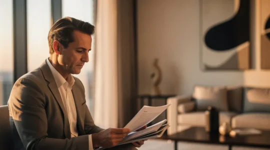 Propietario profesional revisando contrato de alquiler temporal en una vivienda moderna de Madrid