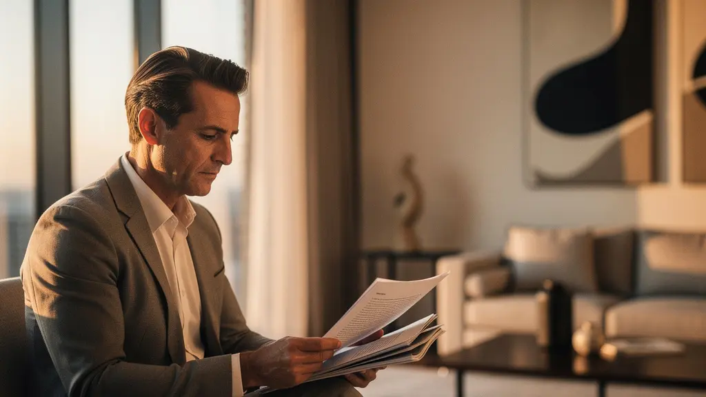 Propietario profesional revisando contrato de alquiler temporal en una vivienda moderna de Madrid