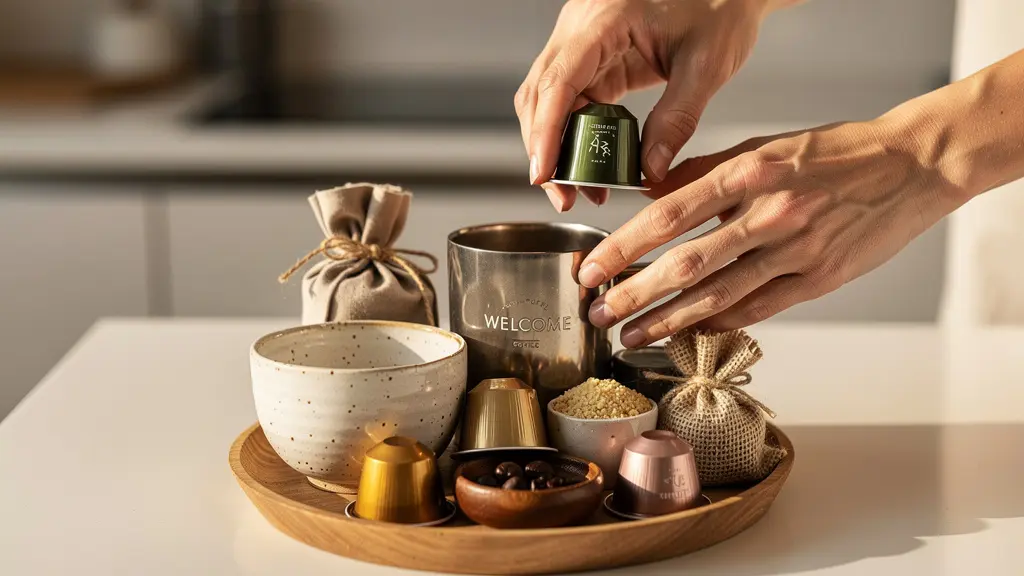 Mesa de bienvenida con café gourmet y productos artesanales locales