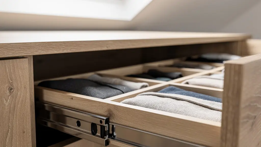 Armario empotrado bajo techo inclinado con sistemas extraíbles y zonificación por profundidad