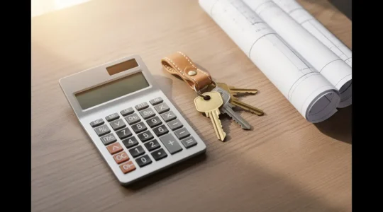Calculadora, documentos inmobiliarios y llaves de vivienda sobre escritorio profesional con luz natural