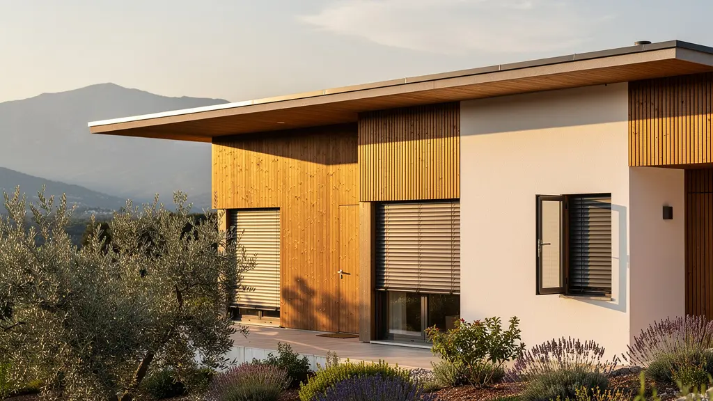 Casa pasiva con aleros y ventilación cruzada durante el atardecer de verano