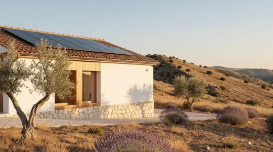 Casa moderna Passivhaus integrada en paisaje mediterráneo español con paneles solares y jardín sostenible