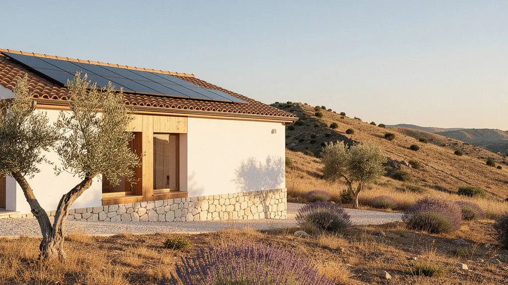 Casa moderna Passivhaus integrada en paisaje mediterráneo español con paneles solares y jardín sostenible