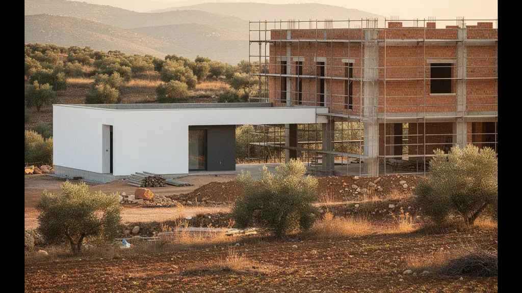Vista panorámica de una casa prefabricada de hormigón moderna junto a una construcción tradicional en proceso
