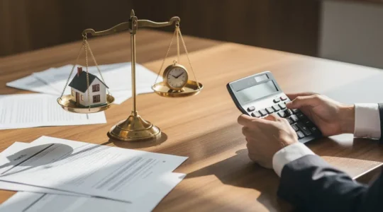 Propietario analizando documentos de alquiler con calculadora y reloj en escritorio