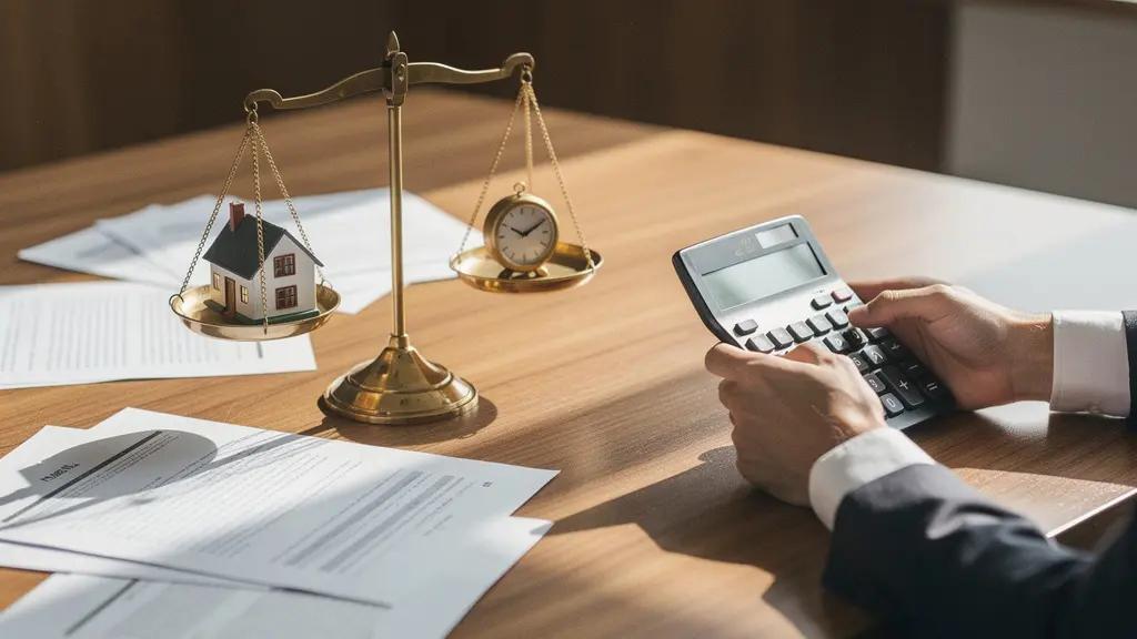 Propietario analizando documentos de alquiler con calculadora y reloj en escritorio