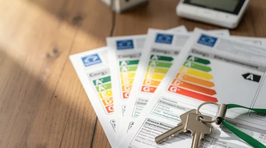 Certificado de eficiencia energética con etiqueta y documentos sobre mesa de madera con llaves de vivienda