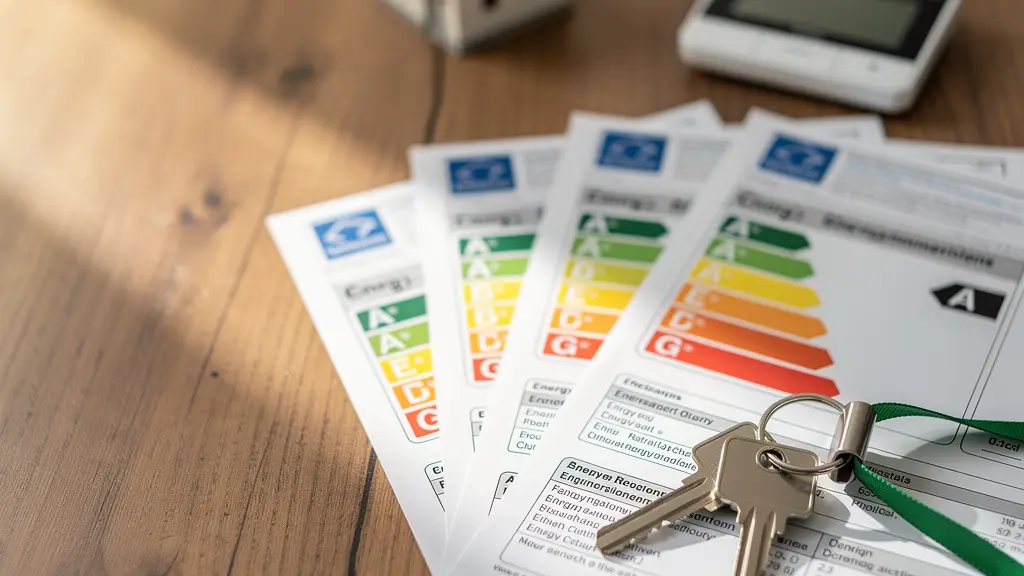 Certificado de eficiencia energética con etiqueta y documentos sobre mesa de madera con llaves de vivienda