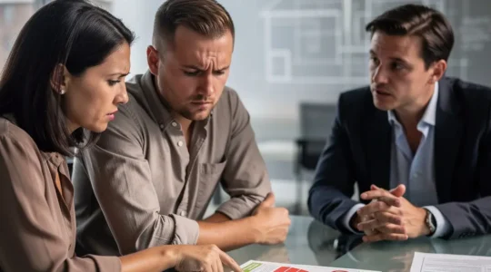 Compradores revisando certificado energético en negociación inmobiliaria