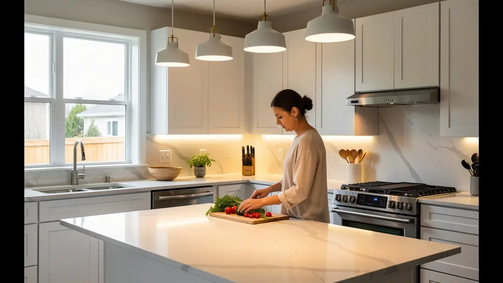 Cocina moderna con sistema de iluminación por capas mostrando luz general, de tarea bajo muebles y de acento