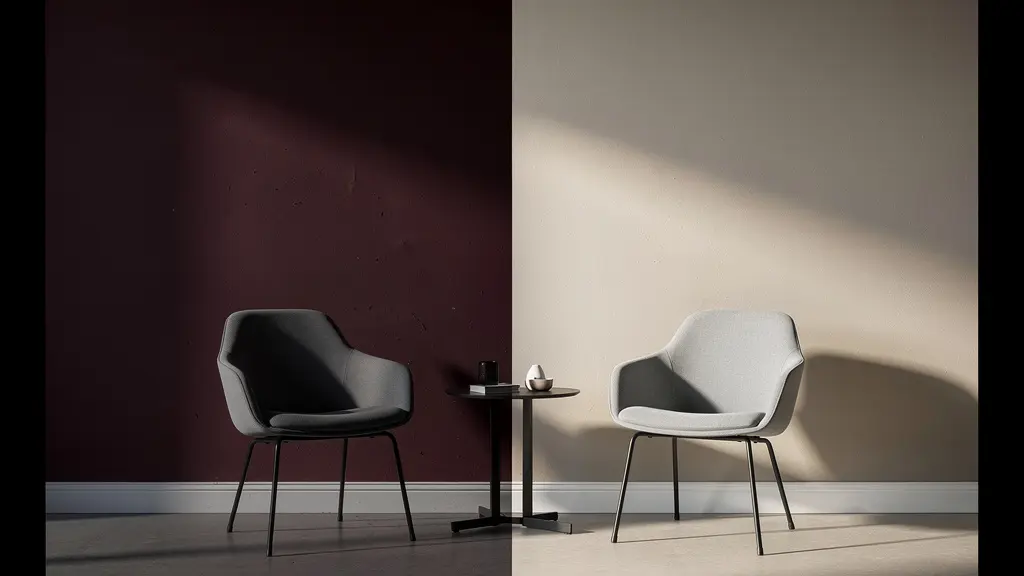 Comparación visual de una habitación antes, con paredes oscuras, y después de ser pintada en un tono greige neutro y luminoso.