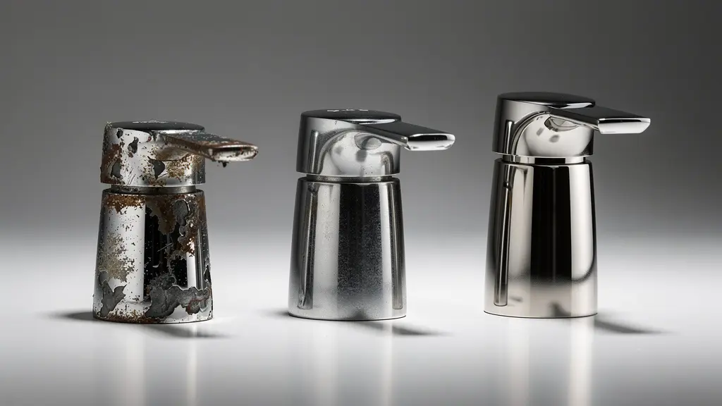 Detalle de diferentes calidades de cromado en grifos de cocina