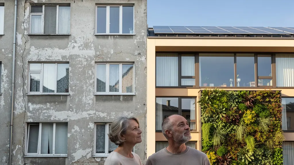 Contraste visual entre edificio antiguo sin rehabilitar y construcción moderna eficiente en Barcelona