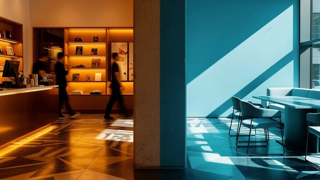 Vista dividida mostrando local comercial activo y oficinas flexibles en edificio mixto