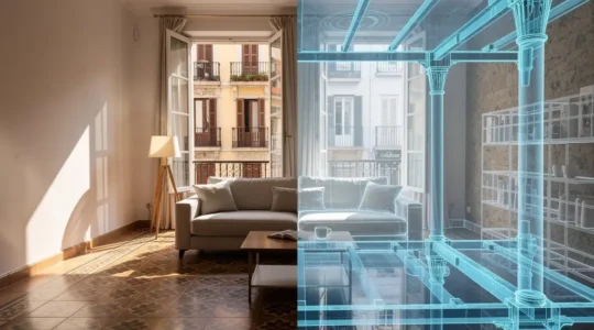 Comparación visual entre metros útiles y construidos en una vivienda española mostrando la diferencia de espacios