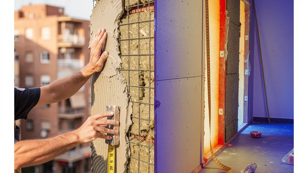 Comparación visual entre sistema SATE exterior y trasdosado interior en edificio de los años 70