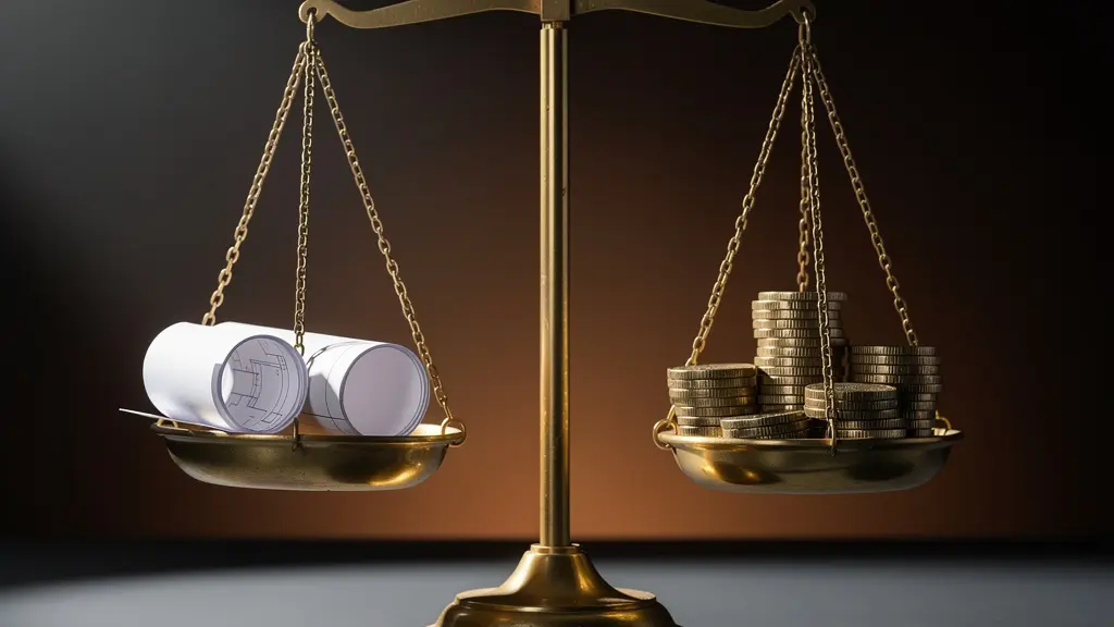 Balanza equilibrando símbolos de cálculo objetivo y real de plusvalía con documentos difuminados