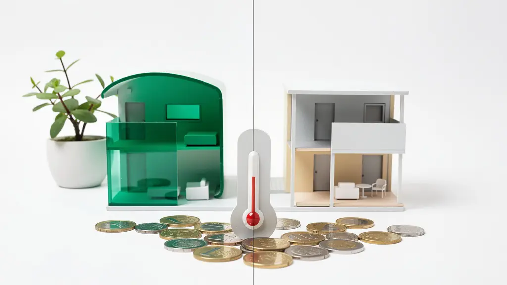 Dos casas en miniatura lado a lado con termómetro y símbolos de ahorro energético