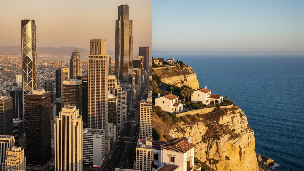 Vista aérea comparando desarrollo urbano de Benidorm y paisaje natural de Costa Brava