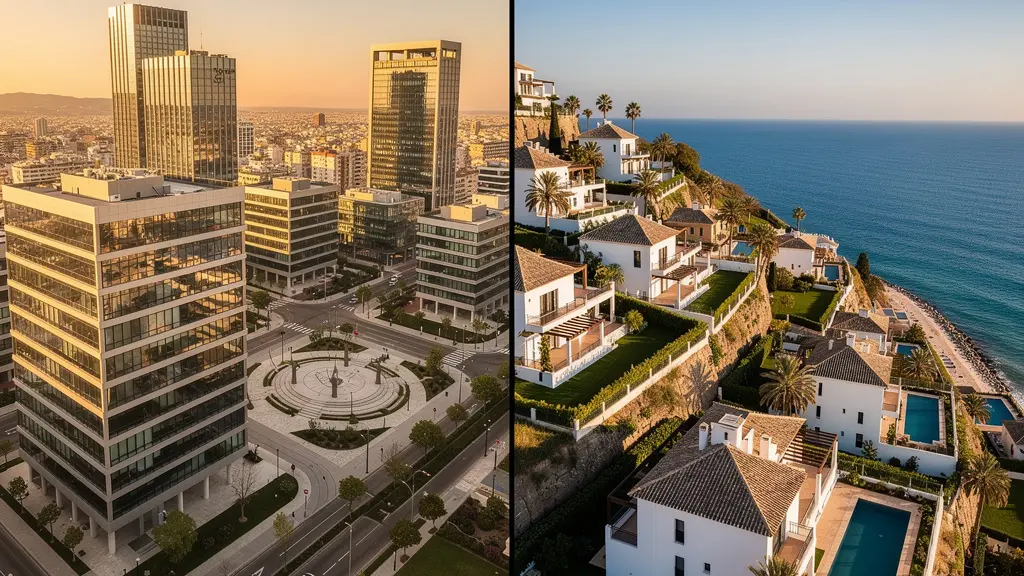 Vista aérea dividida mostrando ciudad interior moderna y costa mediterránea