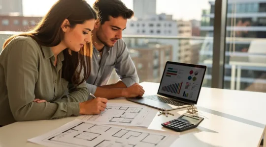 Pareja joven evaluando documentos inmobiliarios en mesa con calculadora y planos arquitectónicos