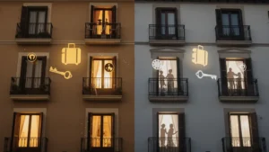 Vista dramática de un edificio residencial español dividido visualmente entre el uso turístico y residencial tradicional