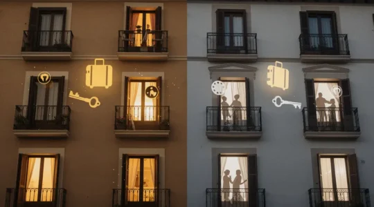 Vista dramática de un edificio residencial español dividido visualmente entre el uso turístico y residencial tradicional