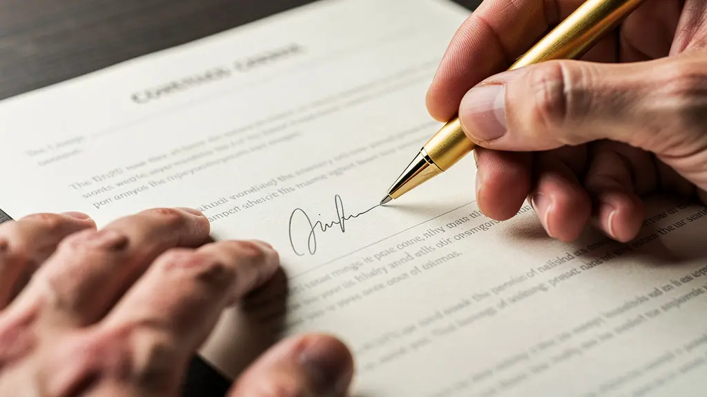 Primer plano de manos firmando contrato con bolígrafo dorado sobre mesa de madera noble