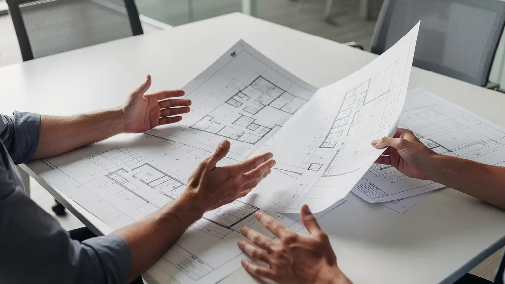 Mesa de negociación con documentos contractuales y planos industriales en un entorno corporativo moderno