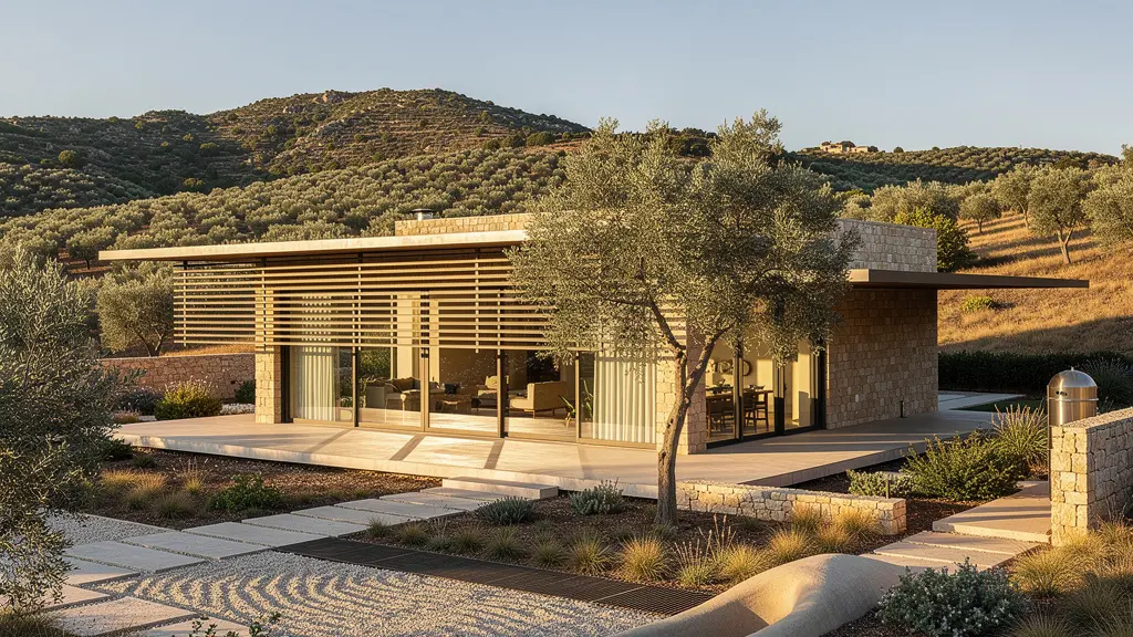 Vista exterior de casa bioclimática con fachada sur acristalada, aleros diseñados y vegetación integrada mostrando la orientación estratégica para aprovechamiento solar