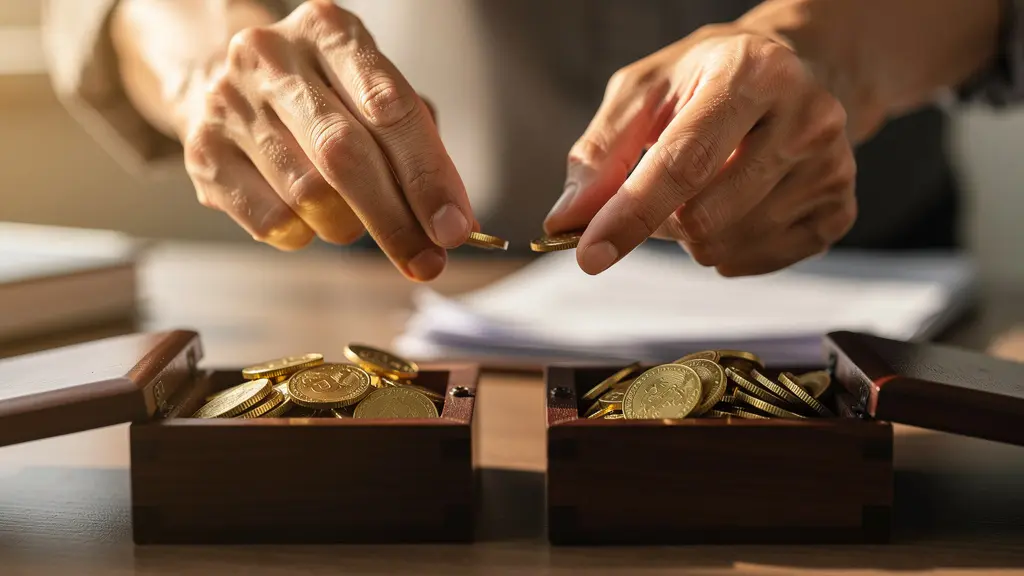 Manos dividiendo monedas entre dos cajas etiquetadas simbólicamente para diferentes impuestos