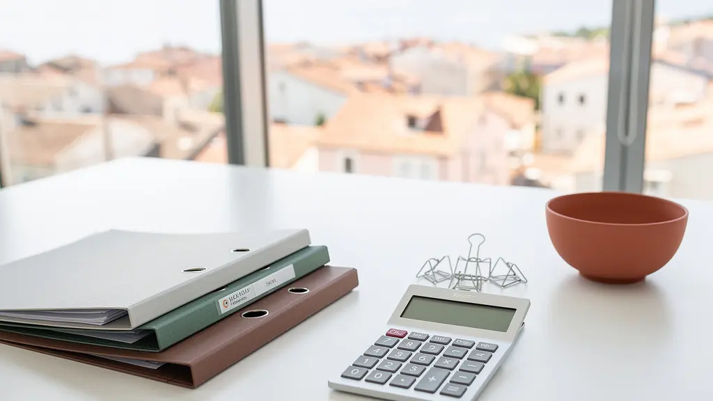 Mesa con documentos fiscales organizados y calculadora para gastos de alquiler turístico