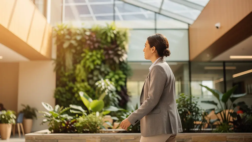 Edificio de oficinas moderno con características sostenibles visibles y vegetación integrada