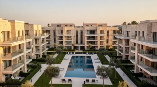 Vista aérea de un moderno complejo residencial BTR con arquitectura contemporánea y zonas verdes integradas