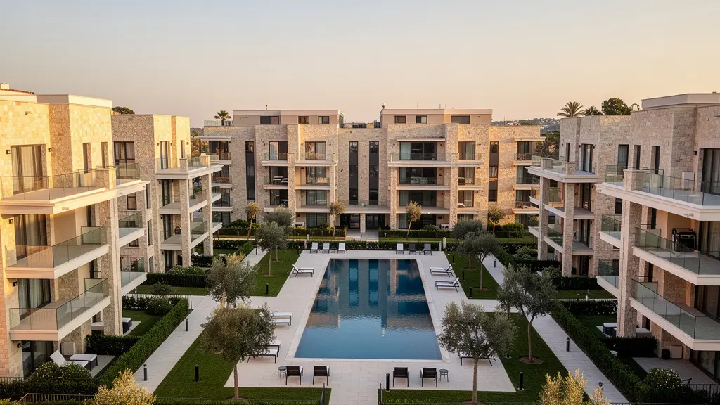 Vista aérea de un moderno complejo residencial BTR con arquitectura contemporánea y zonas verdes integradas