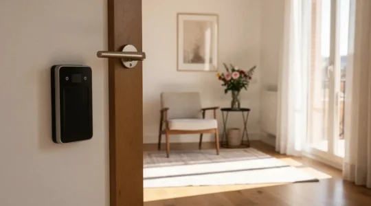 Interior de apartamento turístico premium con amenities de lujo y cerradura inteligente visible