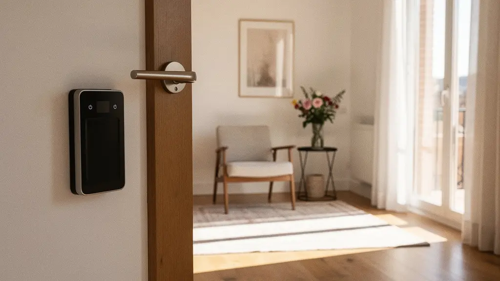 Interior de apartamento turístico premium con amenities de lujo y cerradura inteligente visible