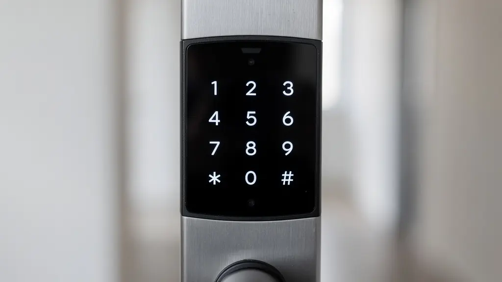 Primer plano de cerraduras inteligentes y dispositivos de automatización en puerta de apartamento moderno