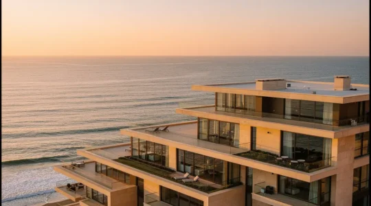 Vista panorámica de un edificio de lujo en España con vista al Mediterráneo en hora dorada