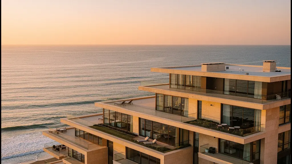 Vista panorámica de un edificio de lujo en España con vista al Mediterráneo en hora dorada