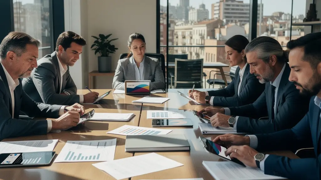 Inversores inmobiliarios analizando datos y documentos legales sobre la nueva Ley de Vivienda en España