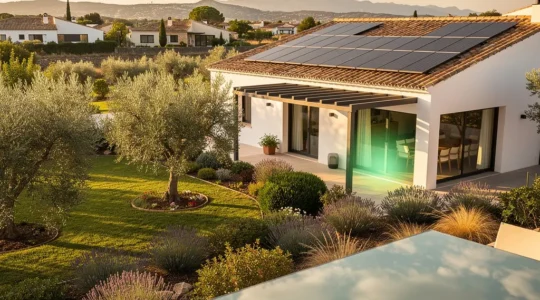 Vivienda moderna con calificación energética A y paneles solares mostrando el ahorro en hipotecas verdes