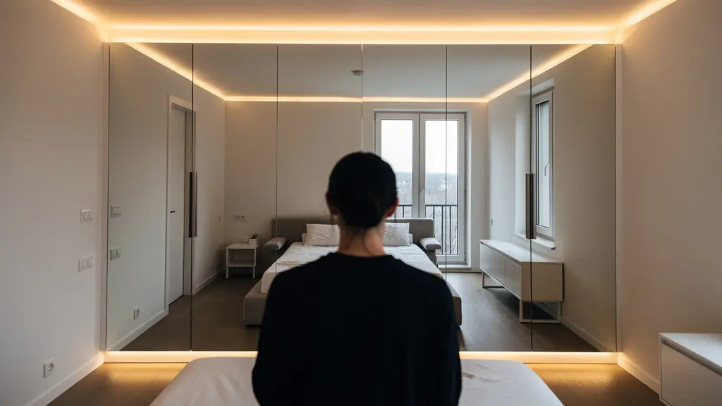 Pared completa con espejo reflejando luz natural y tiras LED creando profundidad visual en espacio pequeño