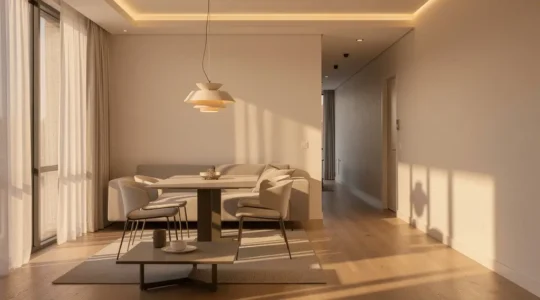 Interior de salón moderno con luz LED cálida y luz natural entrando por ventanales, mostrando diferentes ambientes de iluminación