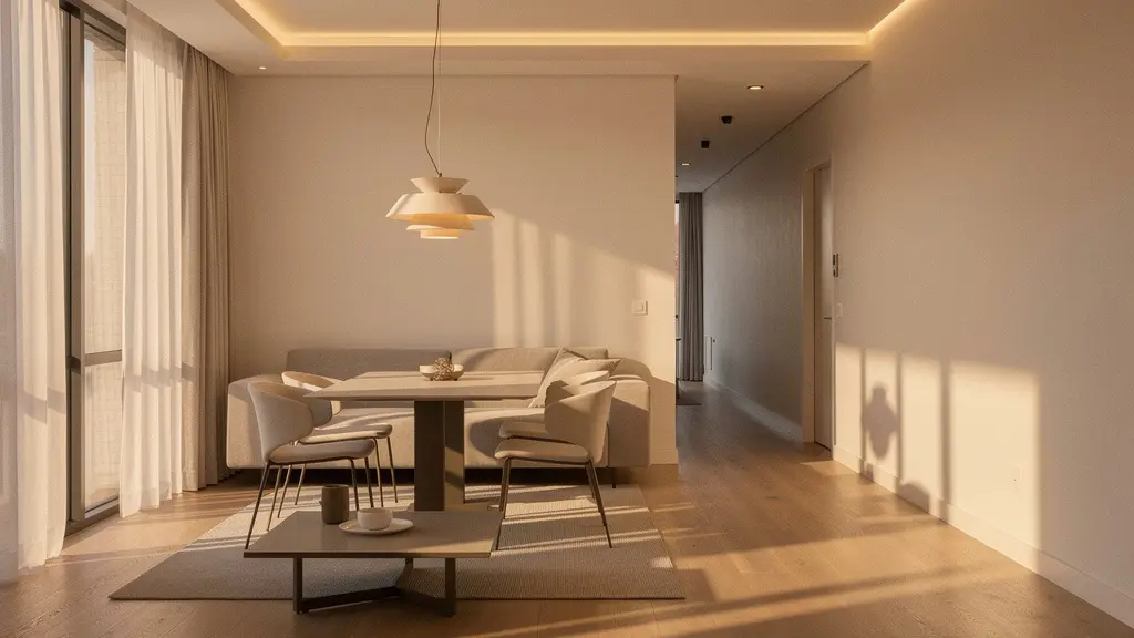 Interior de salón moderno con luz LED cálida y luz natural entrando por ventanales, mostrando diferentes ambientes de iluminación