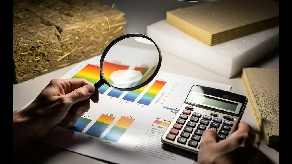 Manos profesionales analizando gráficos de eficiencia energética con calculadora y muestras de materiales aislantes
