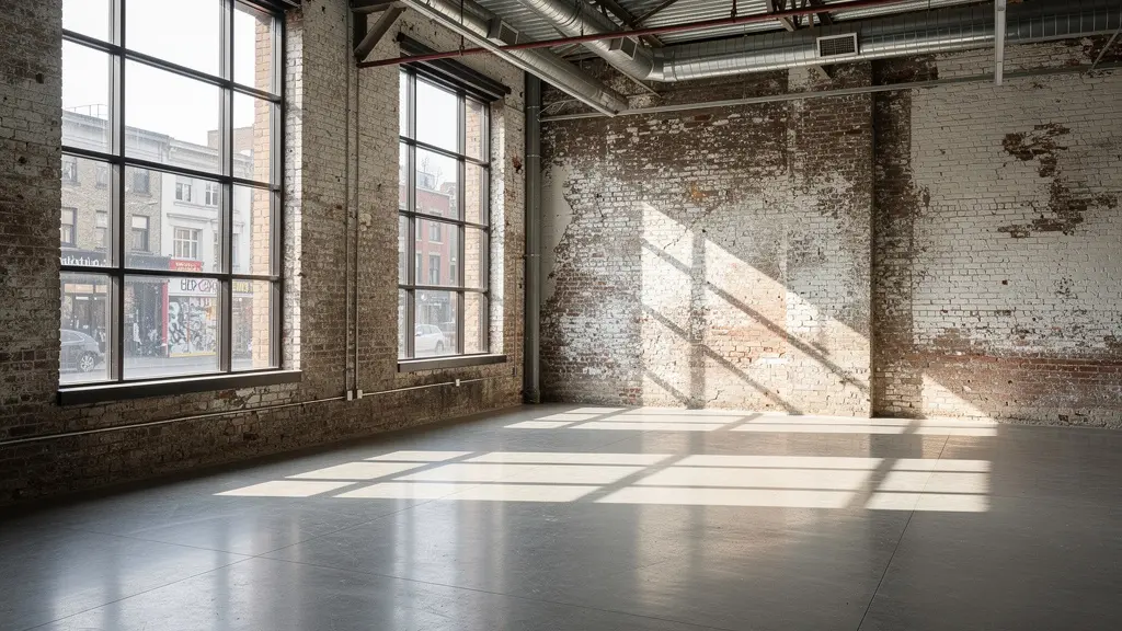 Vista angular de un espacio diáfano de bajo comercial con luz natural entrando por grandes ventanales